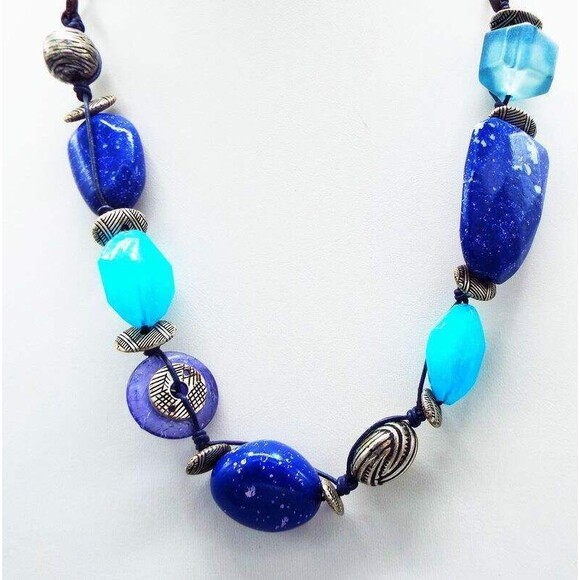 Chico's Faux Lapis Resin Turquoise Antiqued Chain Necklace 27.5" - Picture 2 of 5